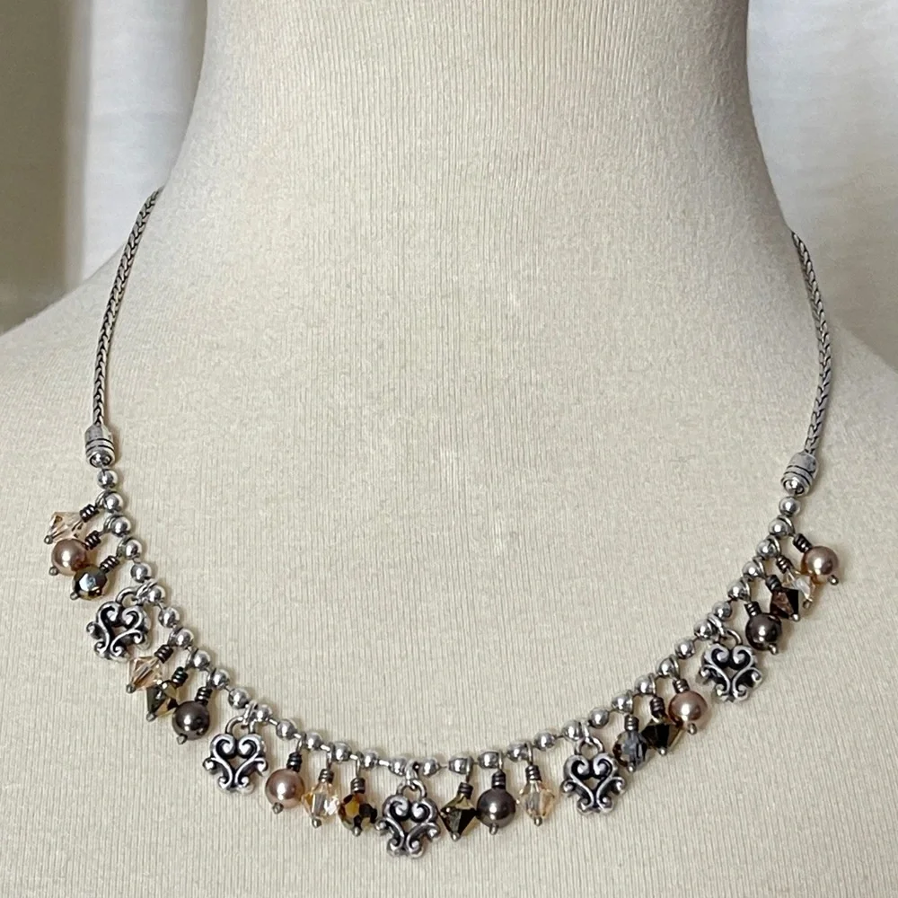 Brighton Retired Cannes Necklace Bronze Crystal Pearl Dangle Hearts - Picture 6 of 6